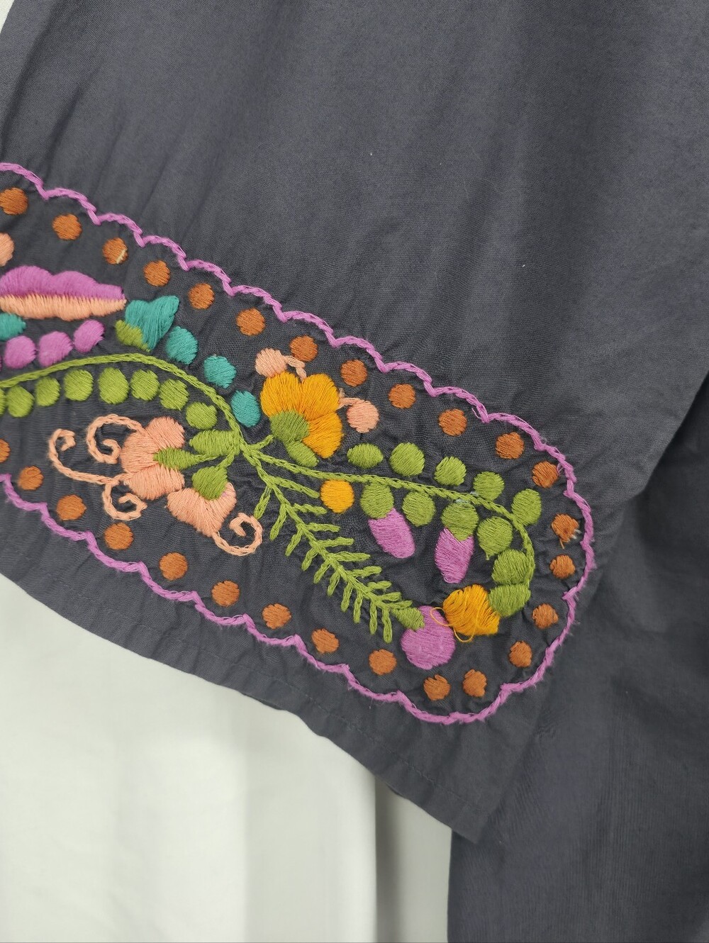 Sister Mary Embroidered Cotton Tunic Dress Large Gray Boho Folk Floral Artisan - Picture 7 of 16